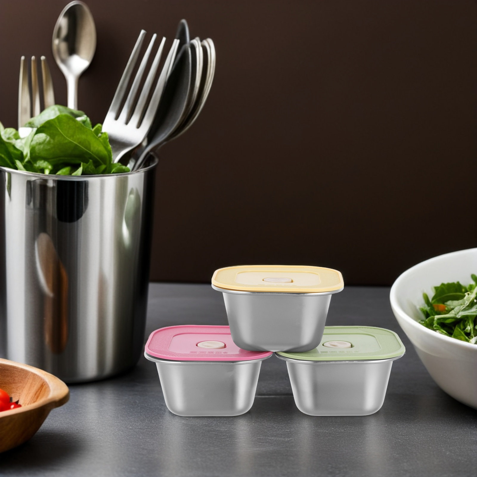 Food Prep Snacks - 3 Stück Edelstahl-Snackbehälter, stapelbar, auslaufsicher, Lebensmittel-Aufbewahrungsbox